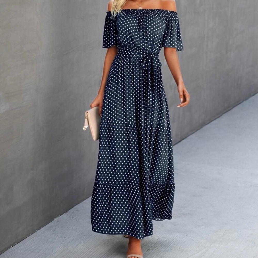 Polka dot off the shoulder belted dress